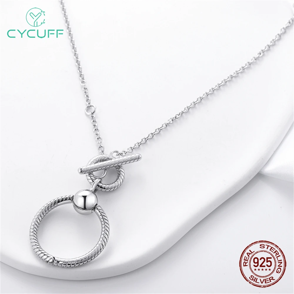 CYCUFF Real 925 Sterling Silver Necklace O-shaped Pendant T-clasp Necklace For Women Wedding Party Birthday Gift Silver Jewelry