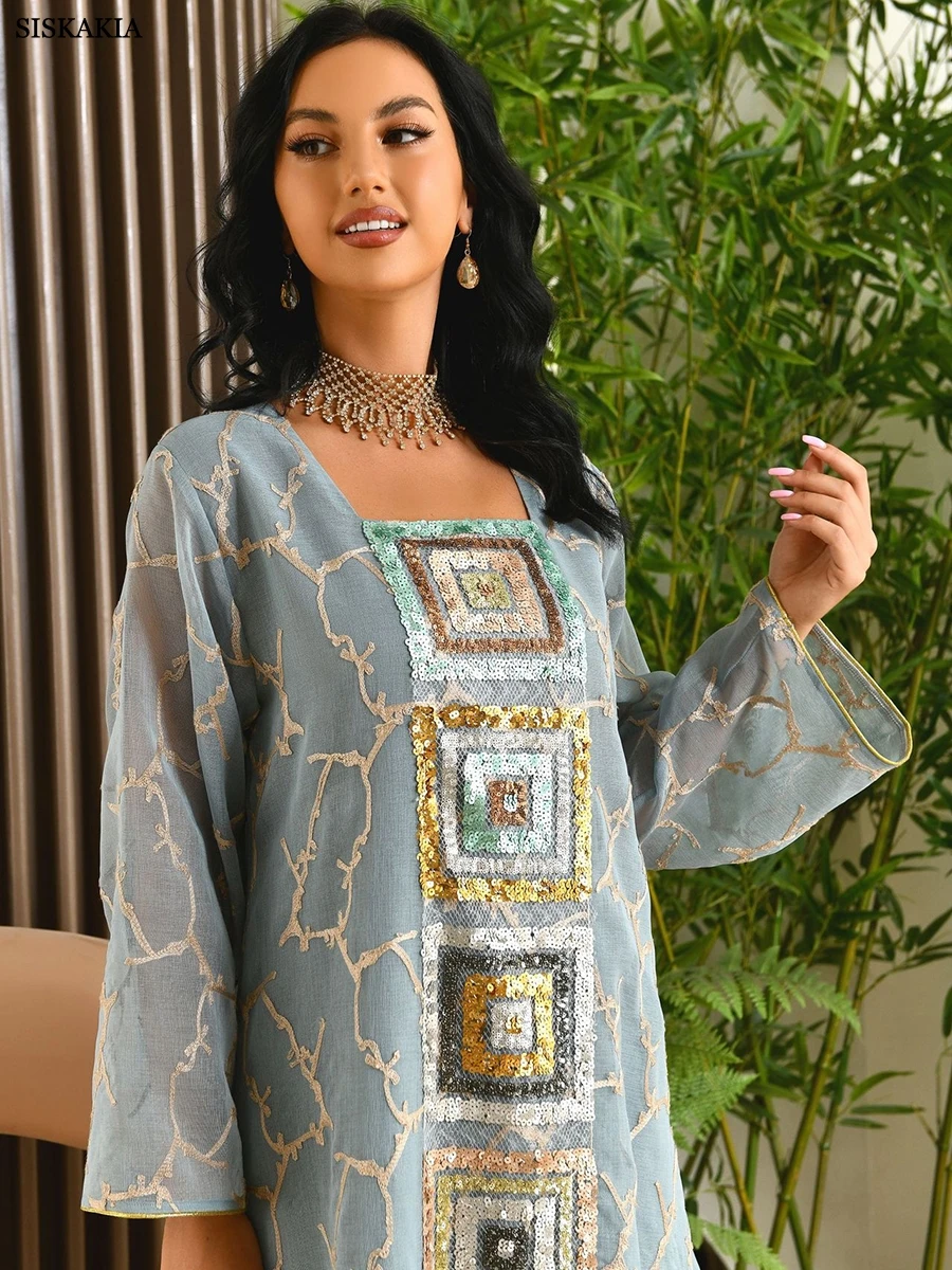 Dubai Luxury Dress Vintage Sequins Embroidery Abaya Long Sleeve Moroccan Arabic Dresses Muslim Ramadan Jalabiya