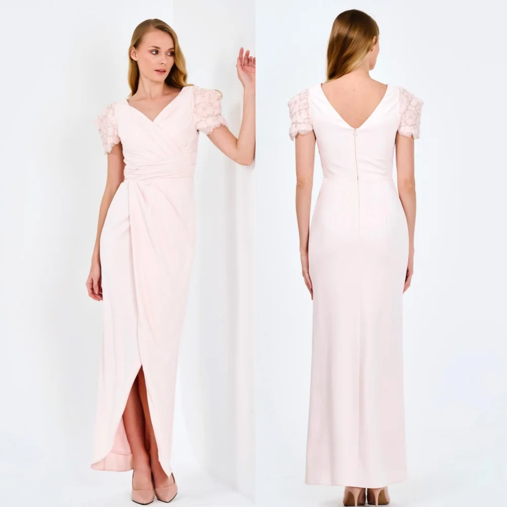 

Sparkle Exquisite High Quality Jersey Draped Pleat Applique Christmas A-line V-Neck Bespoke Occasion Gown Midi Dresses