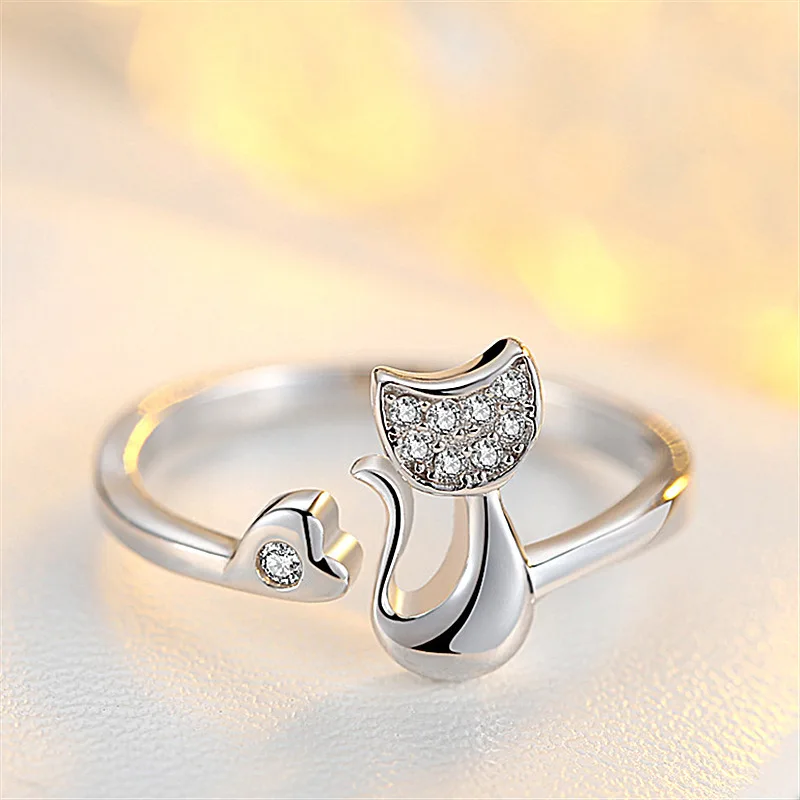 Charm Crystal Top Quality Cubic Zirconia Crystal Inlaid Cute Animal Cat Ring Open Adjustable for Women Girl Fashion Animal Rings