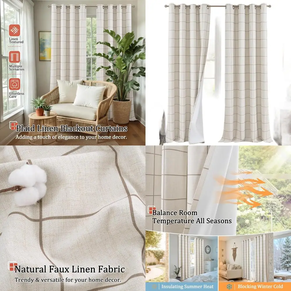 

Длинные затемняющие шторы (90 дюймов) - льняной клетчатый узор для гостиной, 2-панельные драпировки в стиле бохо с люверсами, 52x90 дюймов