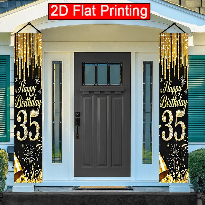 2D Flaches 2er-Pack Happy Birthday Banner mit Schwarz-Gold-Fransen für die Feier des 35. Geburtstags, geeignet für den Außenbereich – Detail 7