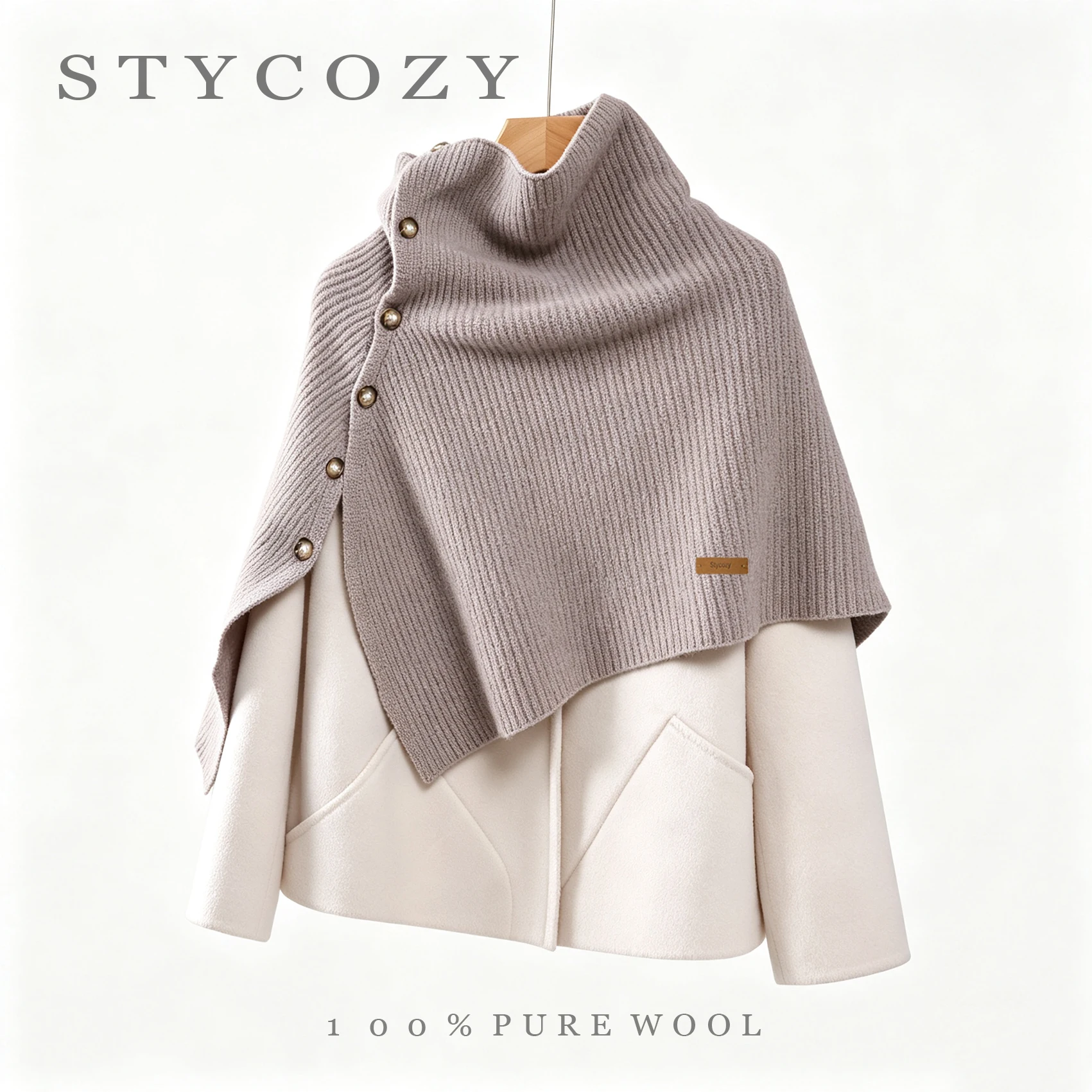 100% Wool Solid Color Buttoned High-Neck Split Poncho Pullover For Women Thick Knit Warm Shawl Versatile Scarf For Fall&Winter