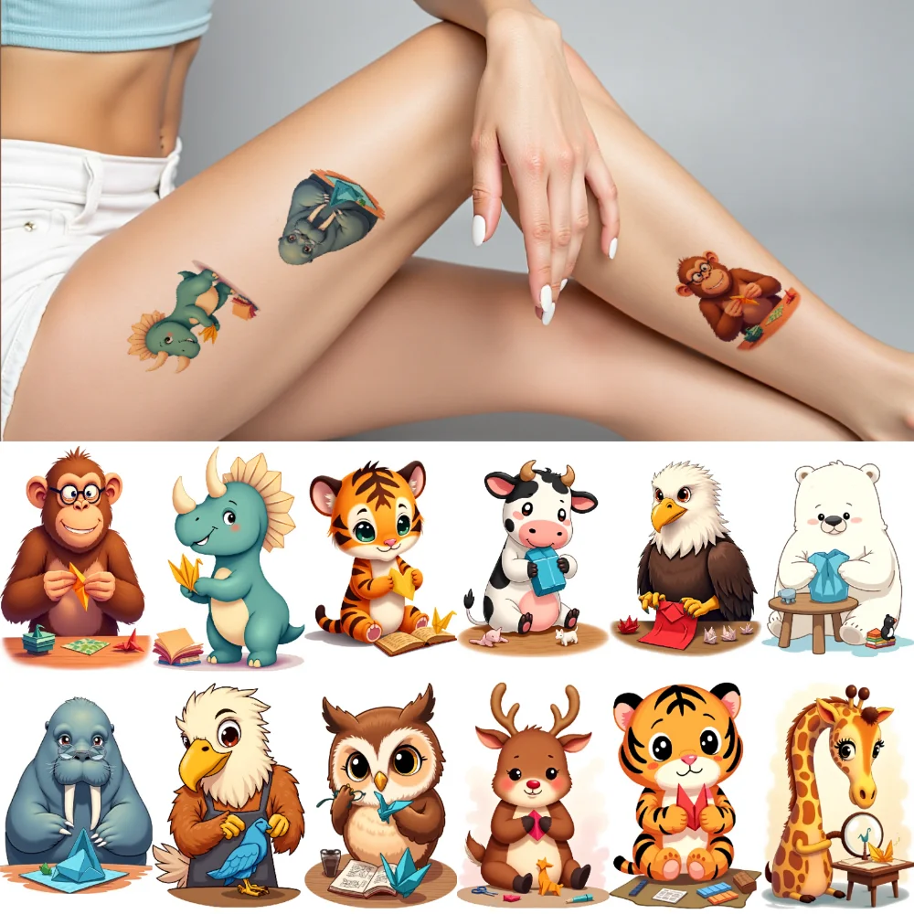 28 قطعة الوشم المؤقت على شكل حيوانات كرتونية للبنين والبنات لطيف النمر الفيل القرد مقاوم للماء ملصقات وشم درجة الحرارة وهمية