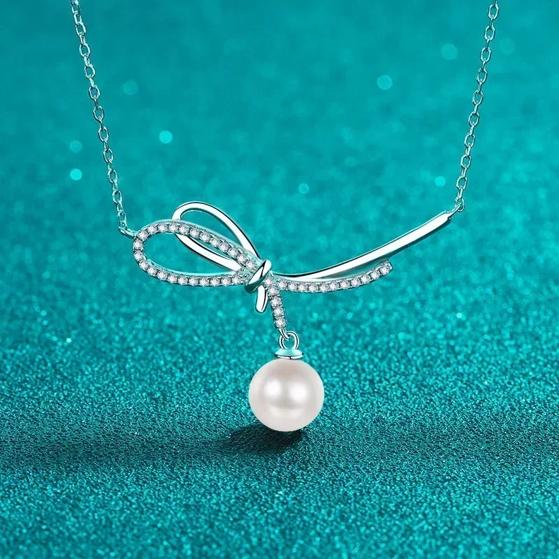 Sweet Inlaid with 19 Point Moissanite Pearls PT950 Platinum Necklace, Large Bow Diamond Pendant Cute Collarbone Chain for Women