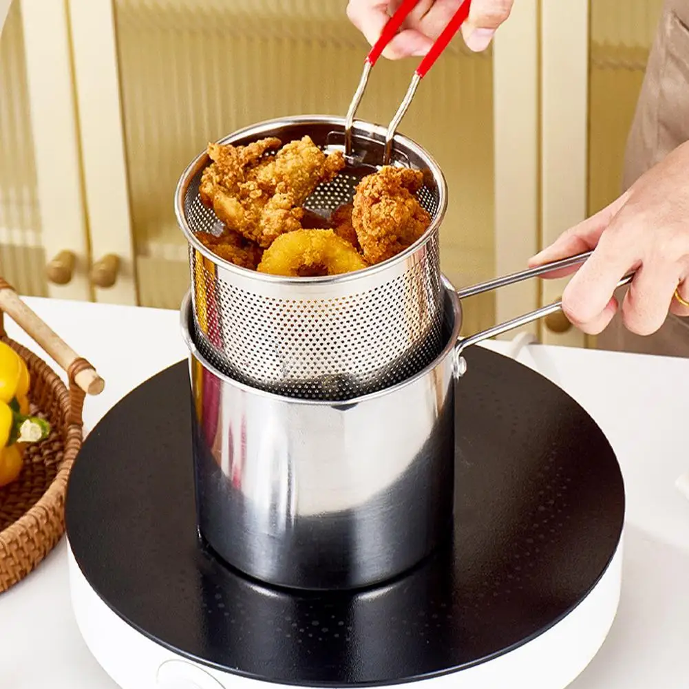 Stainless Steel Deep Fryer Pot With Strainer Basket Mini Tempura Frying Pot For French Fries Chicken Wings Kitchen