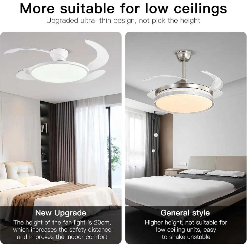 جديد - مروحة سقف قابلة للسحب مقاس 48 بوصة، مروحة سقف منخفضة الطيف بالكامل مع ضوء وجهاز تحكم عن بعد، مروحة بيضاء حديثة لغرفة الطعام #4