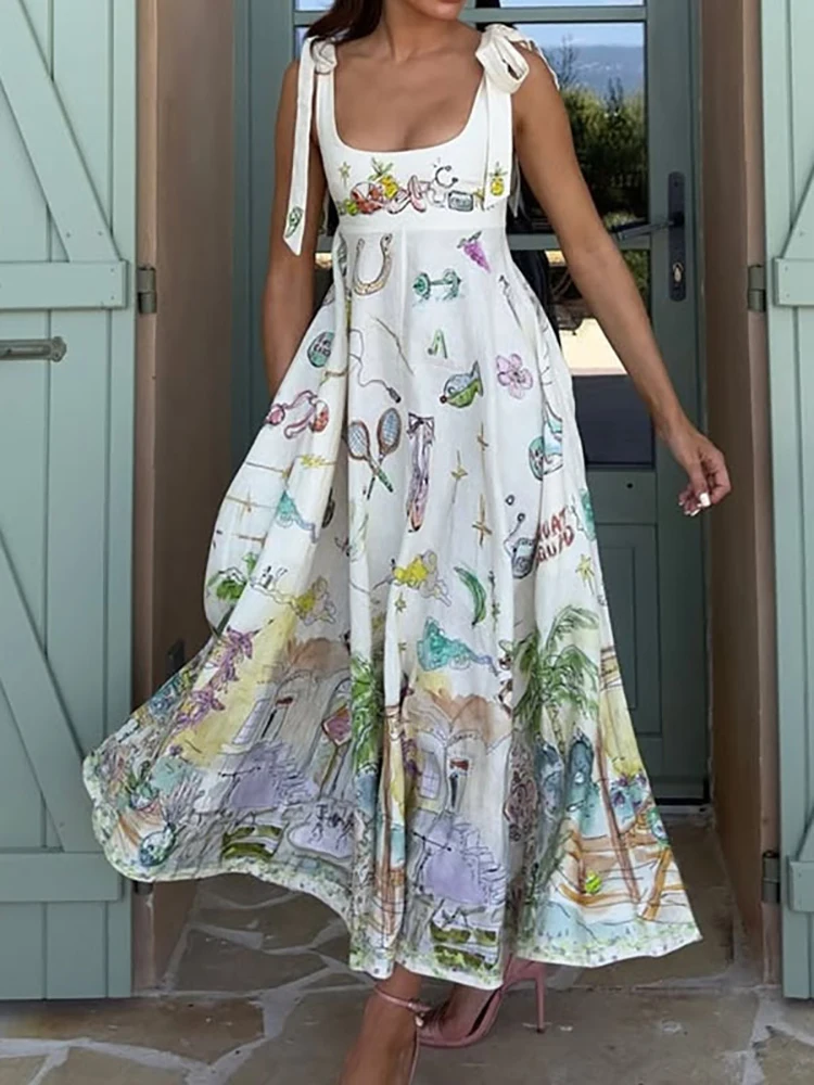 ผู้หญิงฤดูร้อนเซ็กซี่แขนกุด Chic Party Dress,Lacing Up Patchwork ชุด Maxi ง่าย, 2025 พิมพ์สปาเก็ตตี้สุภาพสตรีชุด
