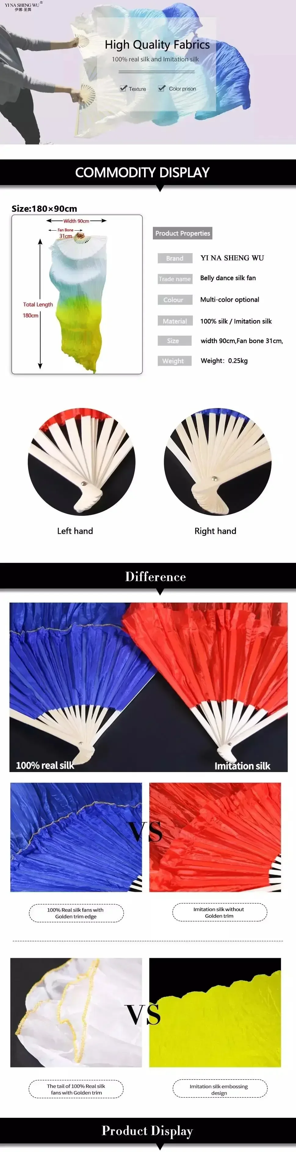 High Quality Silk Belly Dance Fans Dance 100% Real Silk Fans 1pc Left hand+1pc right hand Long Fans on Sale Gradient color