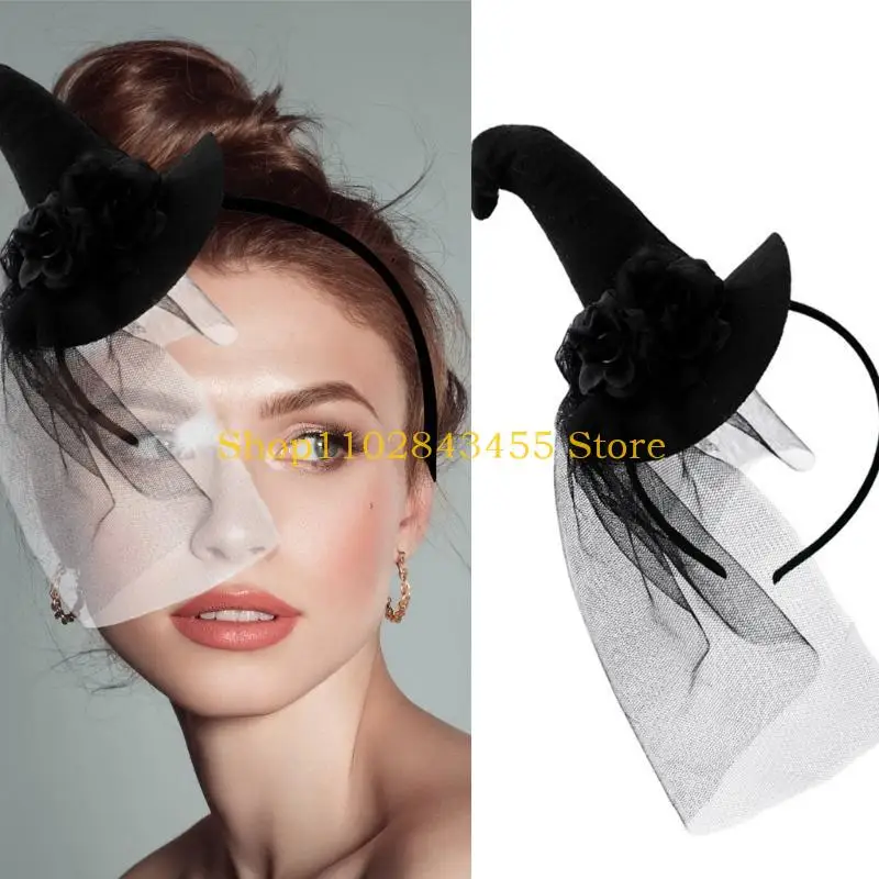 

49MC Teen Taking Photo Hairband Witch Hat&Black Veil Hair Hoop for Halloween Party