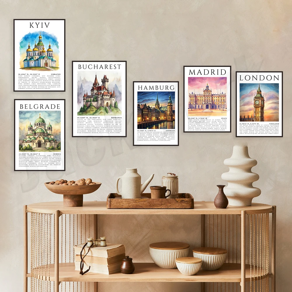 Travel posters of Kiev, Ukraine, Madrid, Germany, Romania, Prague, Serbia, Ireland, St. Petersburg, Russia, and Big Ben in Londo