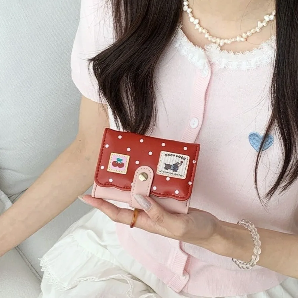 Y2K Ins Sweet Polka Dot Trifold Wallet Wave Edge Pu Leather Dachshund Card Holder Flower Patchwork Coin Purse Daily Use