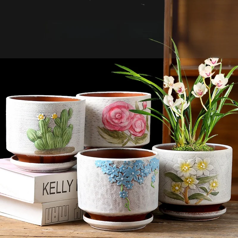 Ceramic Succulent Planters Large Diameter Porous Clay Pots Simple Style Green Plant Old Pile Creative Small Cute Meaty