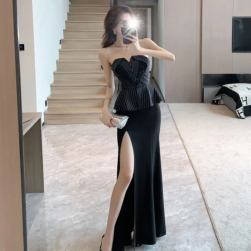 Design No. 8 style black temperament tube top dress female high-end sexy birthday dress hip fishtail long skirt