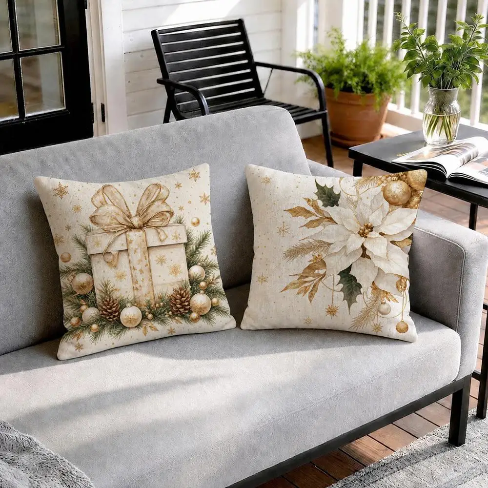 Watercolor Christmas Decor Cushion Cover Natural Linen Organic Fabric Double-Sided Printing Sofa Home Decor Gift Pillow Cover