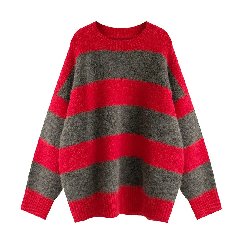 

New Autumn and Winter Contrasting Striped Sweater, Women's Pullover, Loose and Casual Outer Knitted Sweater