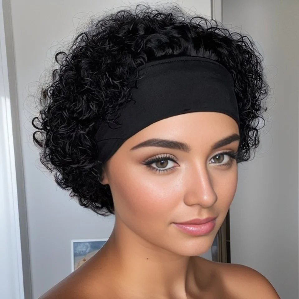여성용 짧은 곱슬머리 머리띠 가발 인모 전체 기계 제작 가발