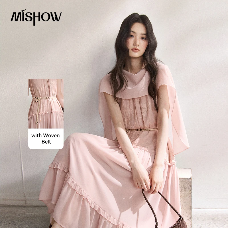 

MISHOW French Retro Pink Patchwork Lace Ribbon Hanging Neck Dress 2026 Summer New Embroidered A-Line Dress With Belt MXF24L2657