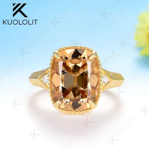 Kuololit 7CT OMC Cushion Champagne Custom Moissanite Ring for Women Solid 14K 10K 585 Yellow Gold for Christmas Gifts Party