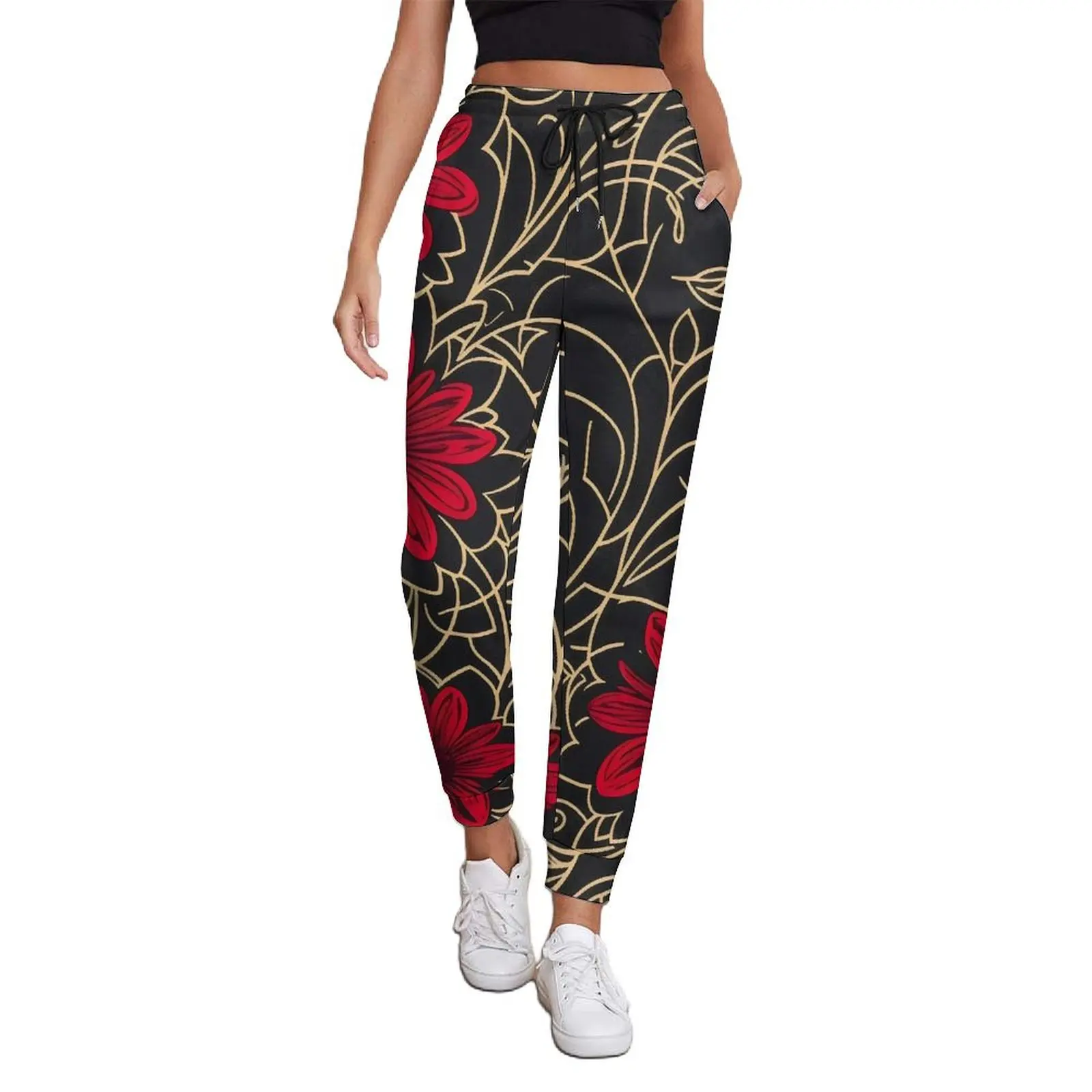 

Retro Flower Print Jogger Pants Autumn Red Floral Casual Sweatpants Women Hippie Custom Trousers Big Size 2XL