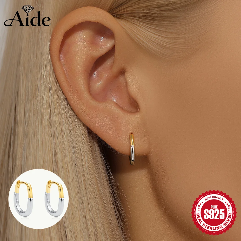 AIDE 925 Sterling Silver Glossy Square Metal Style Round Shiny Gold and Silver Color Block Splicing Classic Women's Earrings