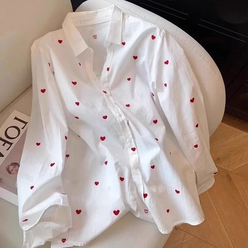 

Red Heart Full Printed White Shirts Sweet Mori Girl Loose Casual Long Sleeve Blouse Button Up POLO Collar Korean Fashion Clothes