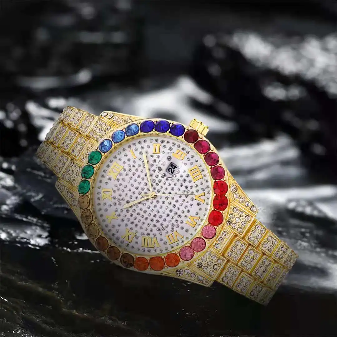 Iced Out Watch for Women Luxury Colourful Women Gold Watch Fashion Diamond Crystal Bling Bling Hip Hop Watch Relojes Para Mujer