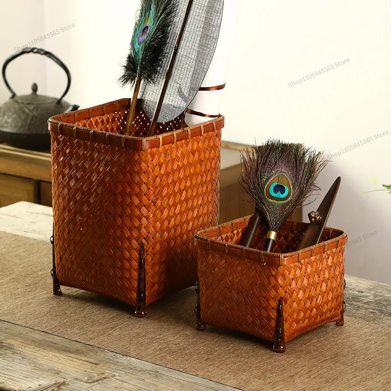 For Handmade bamboo woven basket, vintage book and newspaper scroll storage basket