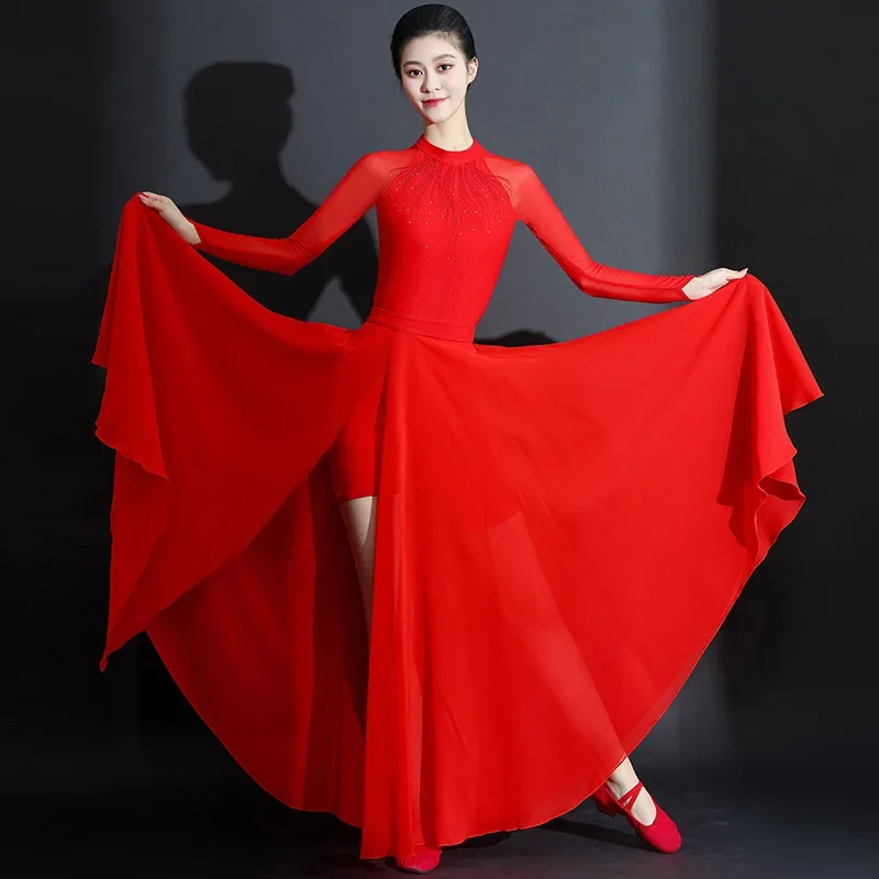 

Classical Dance Costume Elegant Red Women Chiffon Flowy Long Dancewear Opening Modern Dance Professional Performance Maxi Skirt