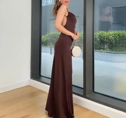 

Summer 2025 Sexy Slim Fit Backless Dress for Women, Solid Color Square Collar, Waist Cinched Backless A-Line Suspender Dress