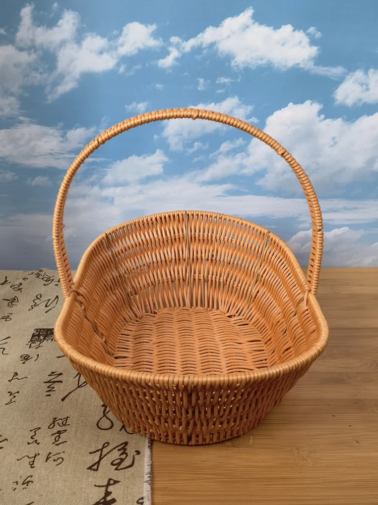 Handmade Wicker Shopping Basket Plastic Iron Frame Chinese Countryside Style Picnic Basket Set Three Pieces Imitated Wicker