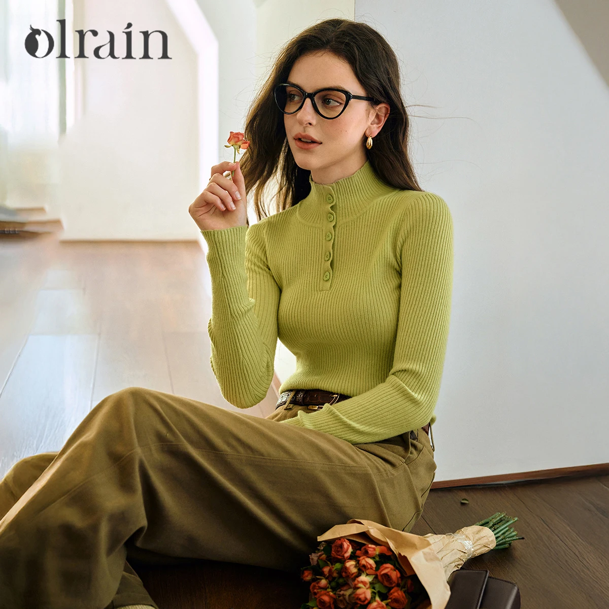 

OLrain Woman Slim Fit Sweaters Mock Neck Long Sleeve Pullovers Autumn 2025 Commuter Strecth Button Female Jumpers O57QZ001306