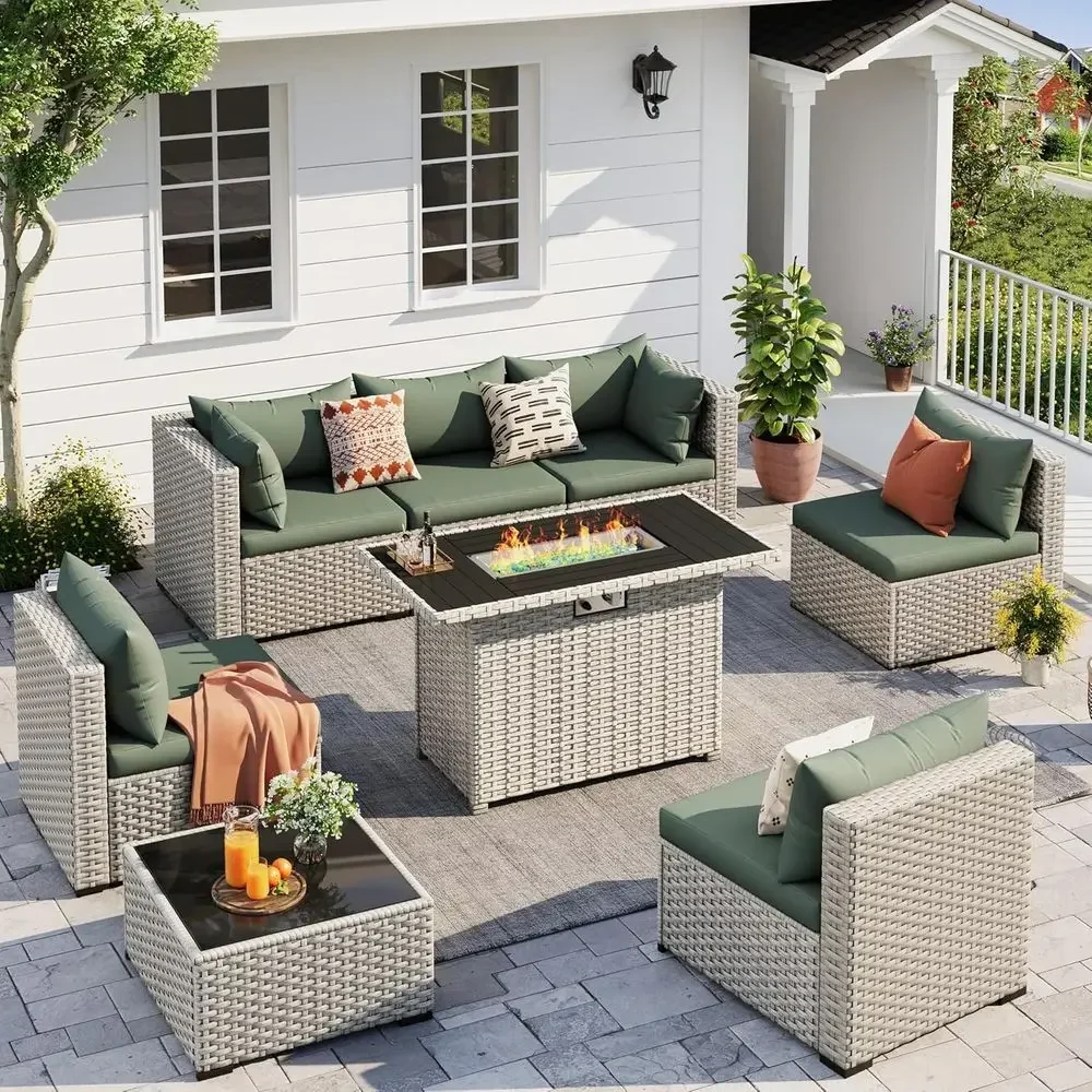 8-Piece Outdoor Sectional Sofa Set with Fire Pit Table, PE Wicker Patio Furniture for Garden and Backyard, Green