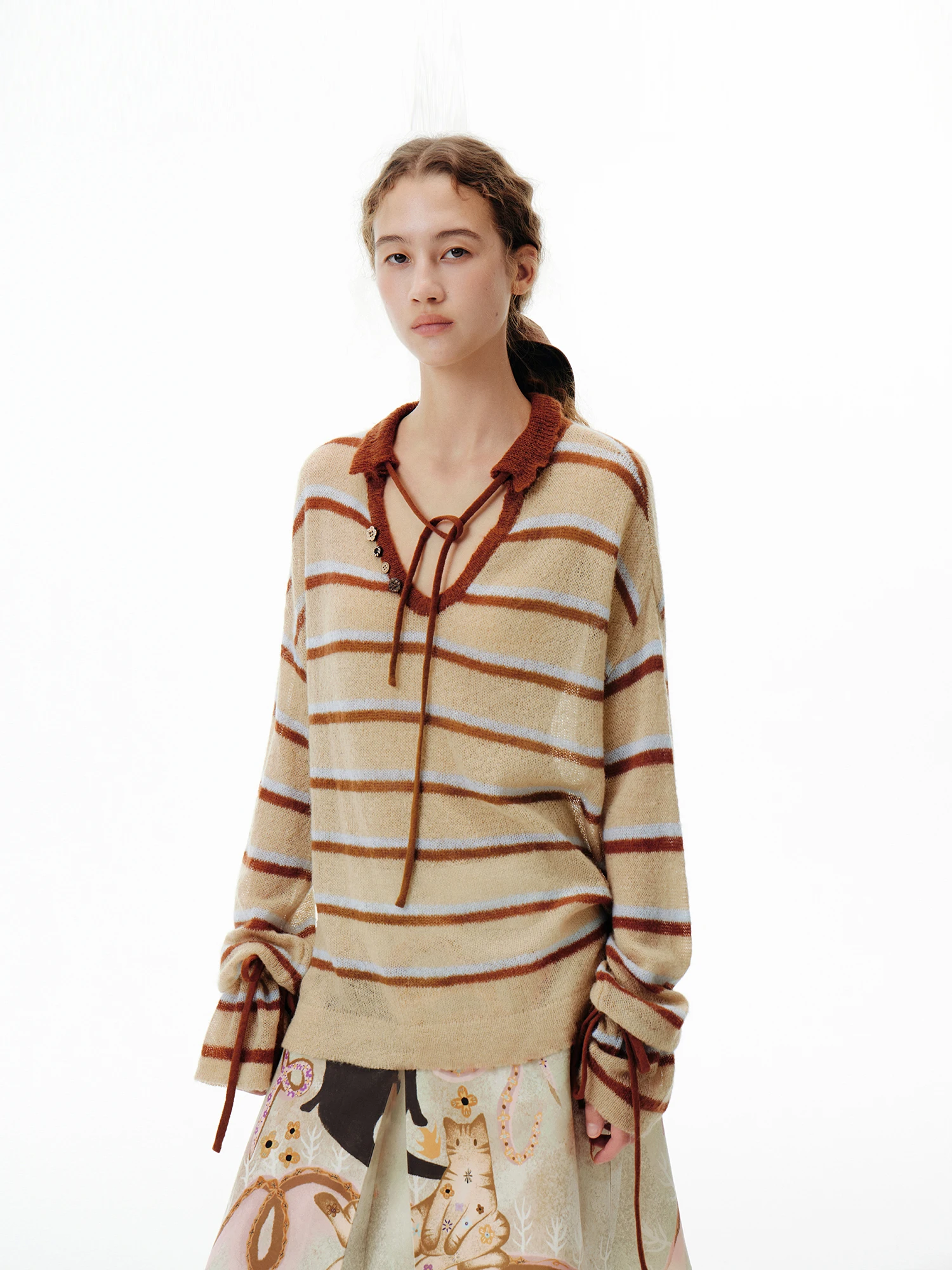 

Outthe Blue Autumnal Striped Blue Brown Loose V-Ne Knitwear for Women Commute Sle Long Sve Warmth Emitting Faion