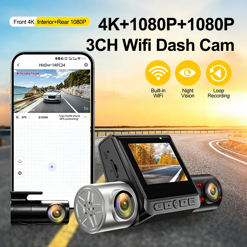 135° Wide Angle 3 Channel 4K Dashcam 1080P Interior Rear Camera Parking Monitor 2 Inch IPS Screen DVR Recorder Support G-Sensor
