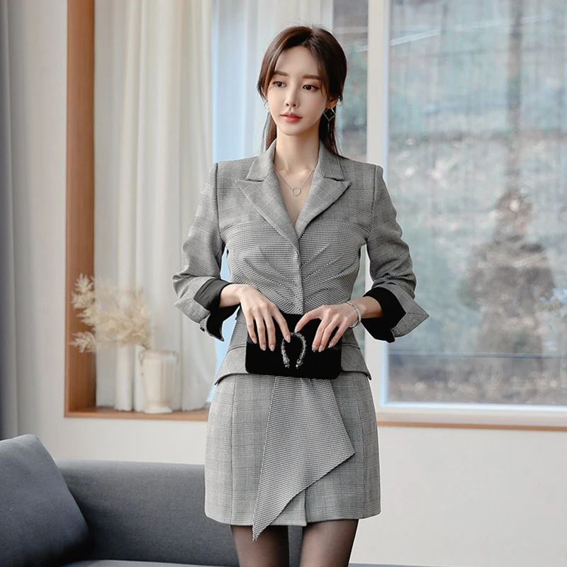 Fashion Chic 2023 Korean New Women Plaid Spring Autumn Turn Down Colalr Long Sleeve Office Casual Coat Jacket Outwear Dresses