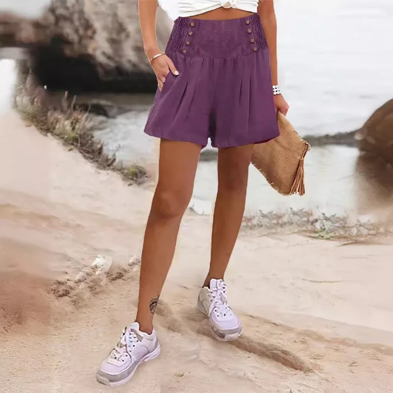 Summer Hot Sales Cotton Linen Beach Shorts Lady Solid Color Casual Buttons Pockets Elastic Waist Commute Versatile Short Pants