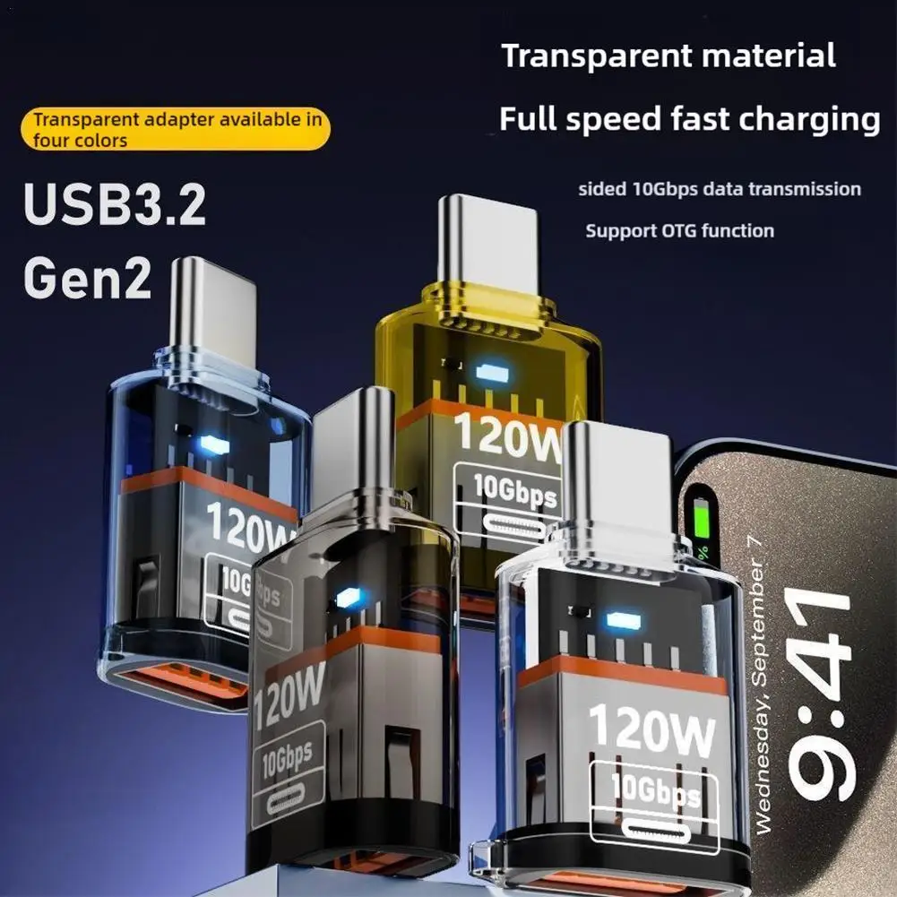 Прозрачный адаптер типа C «папа» на USB «мама», 120 Вт, адаптер для быстрой зарядки, высокоскоростная передача данных, аудио для IPhone