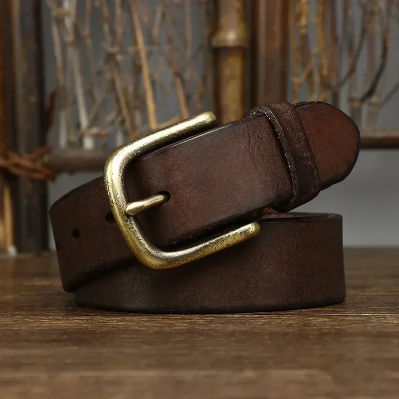 Ceinture en cuir véritable pour hommes, 3.3CM, boucle ardillon de luxe, mode masculine, cuir de vache pur, cuivre, sauvage, classique, rétro, haute