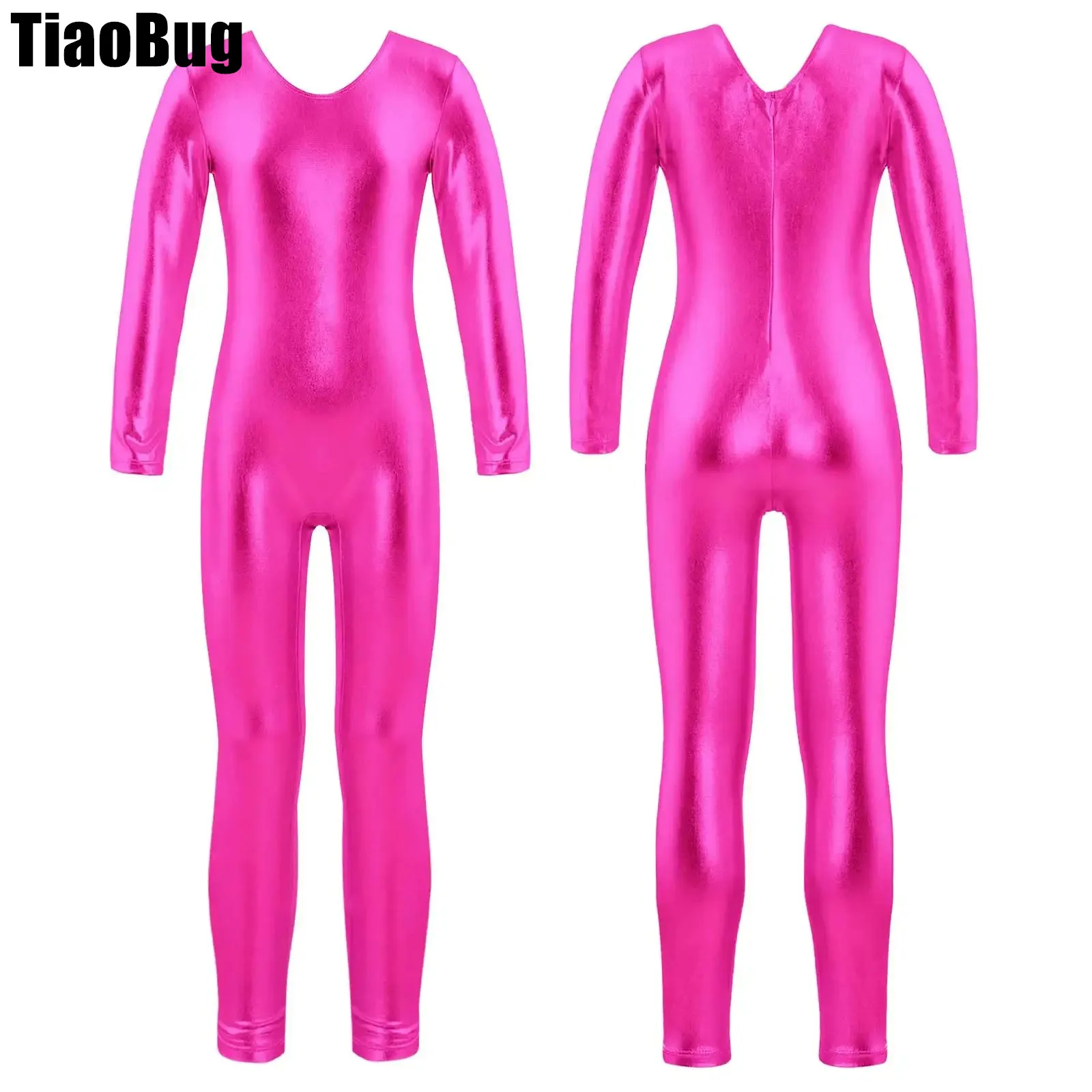 

Kids Girls Metallic Gymnastics Leotard Invisible Zipper Back Ballet Dance Stylish Clothing Long Sleeves Round Neckline Jumpsuit