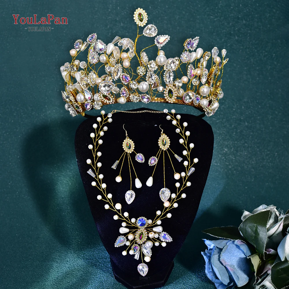 

TOPQUEEN Pearl Crowns Handmade Headband Bride Crystal Wedding Colorful Rhinestone Queen Crown Wedding Hair Accessories HP844