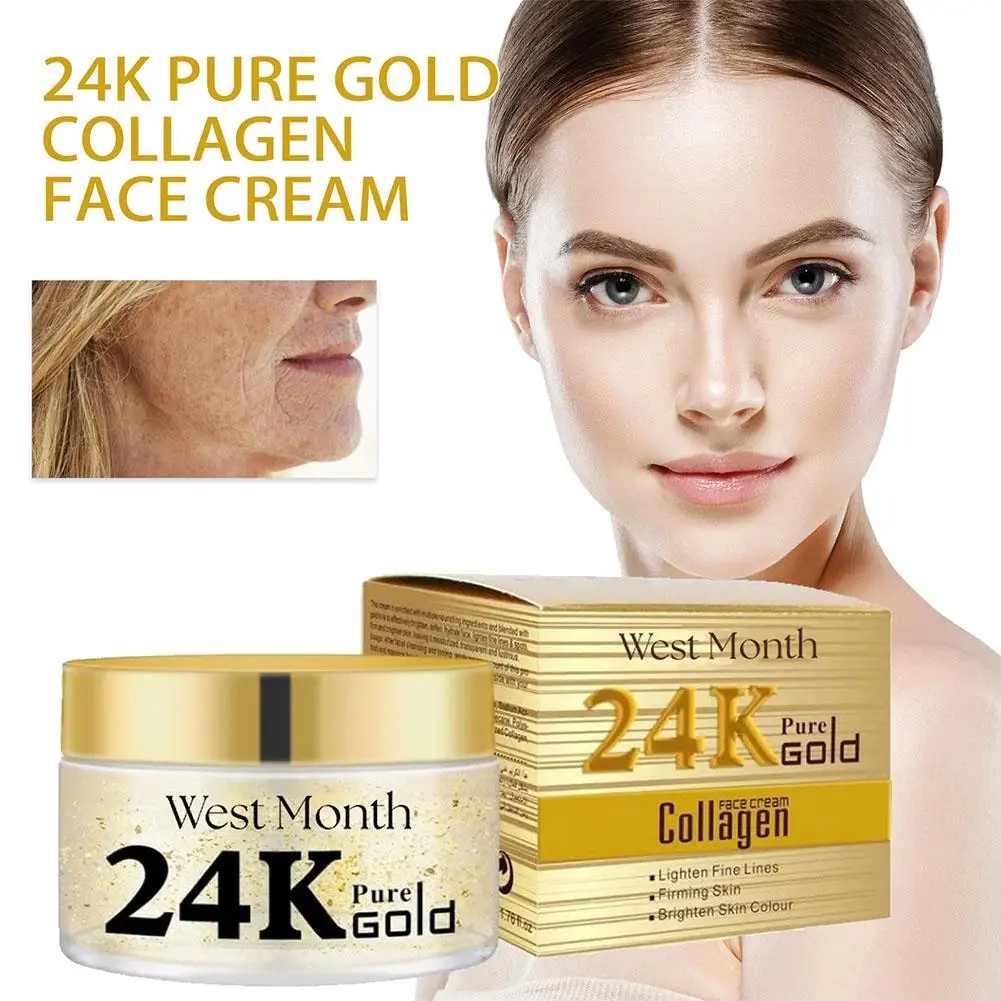 Crema blanqueadora de colágeno dorado de 24K, crema de día hidratante, antienvejecimiento, contracción de la piel, 50ml, cuidado de los poros, brillo suave U4F8