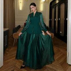 Puff Long Sleeves A-line Green Evening Dresses Beaded Prom Dresses V-neck Elegant Women Formal Party Dress