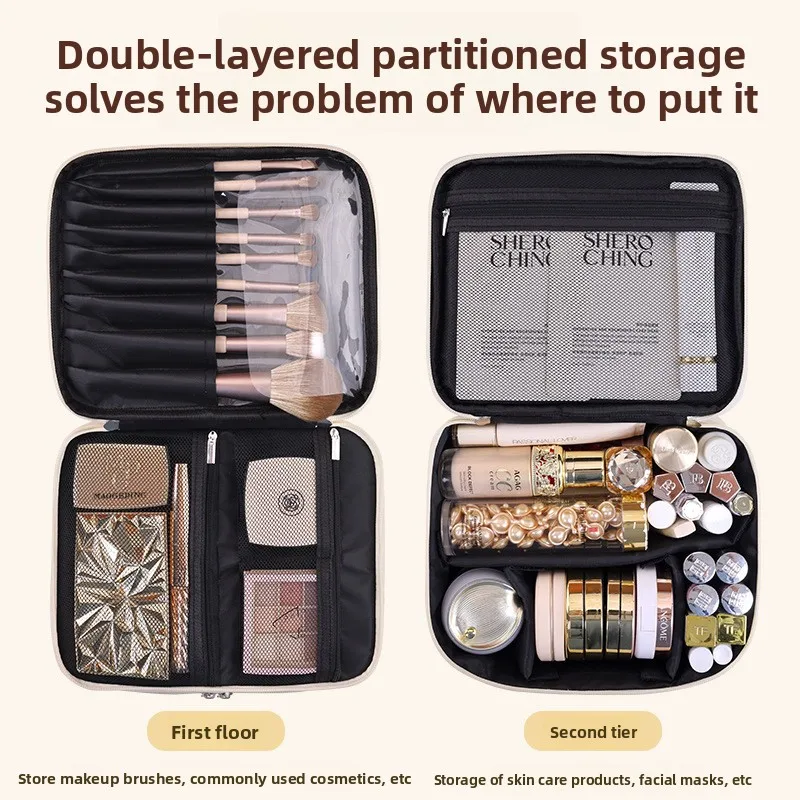 New double-layer four compartment storage makeup bag for travel, portable and multifunctional handheld makeup case, wash bag