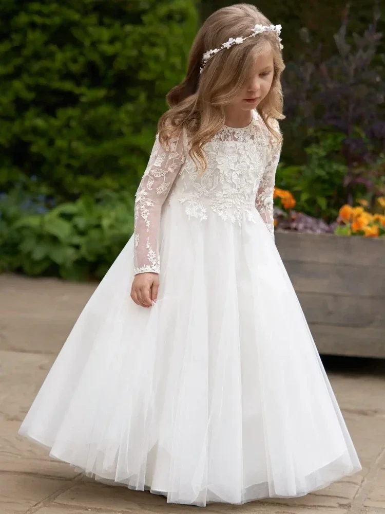 White Tulle Flory Pattern Long Sleeve For Wedding Birthday Party Banquet Princess Gowns Flower Girl Dresses baby girl dress