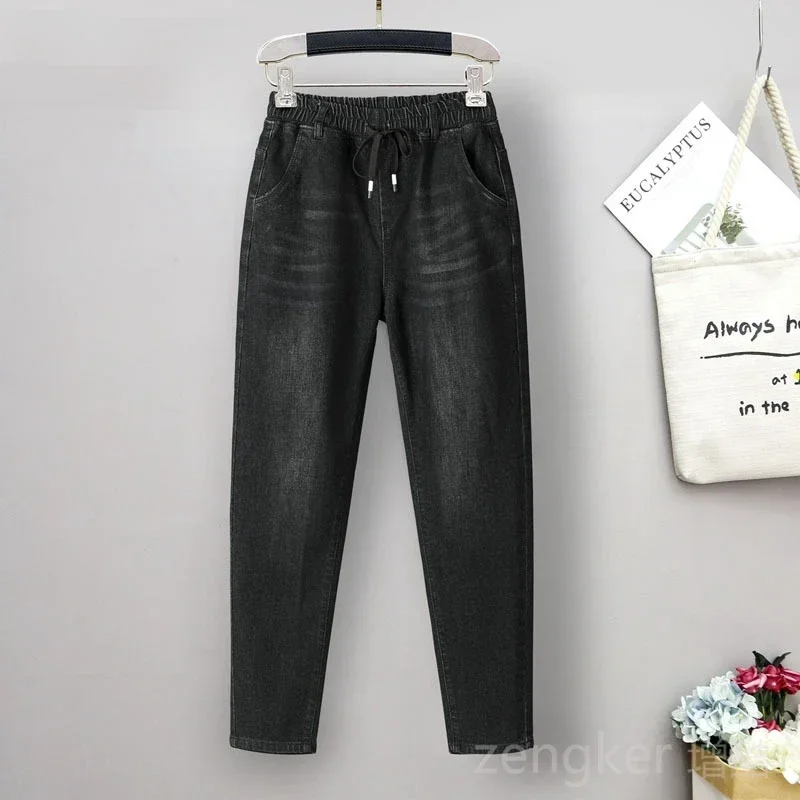 Autumn new casual lace-up elastic waist harem trousers female washed jeans thin old dad trousers 5XL 4XL jeans woman