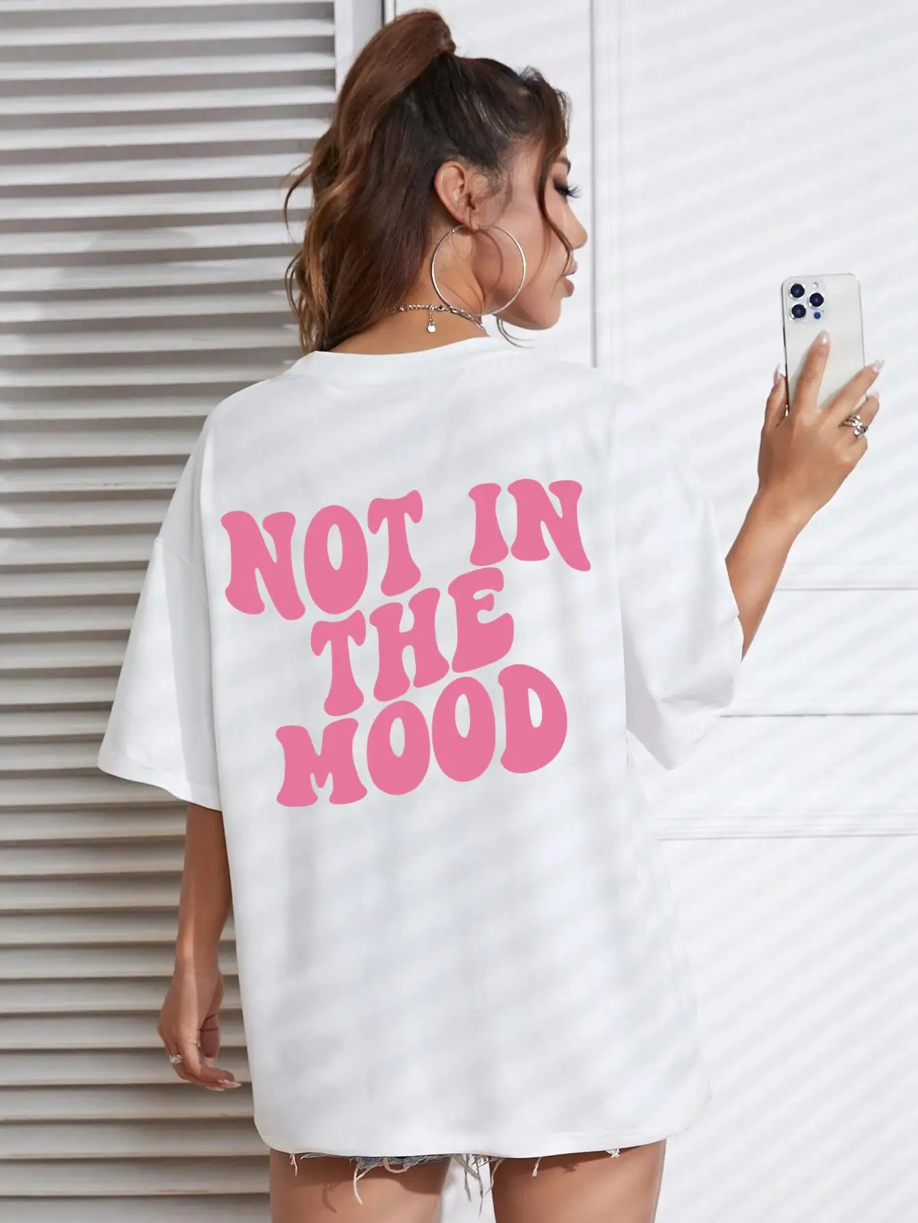 Not In The Mood Pink Letter Print T-Shirts Damen Sommerkleidung O-Ausschnitt Übergroße Kurzarm Atmungsaktive Mode Casual T-Shirt