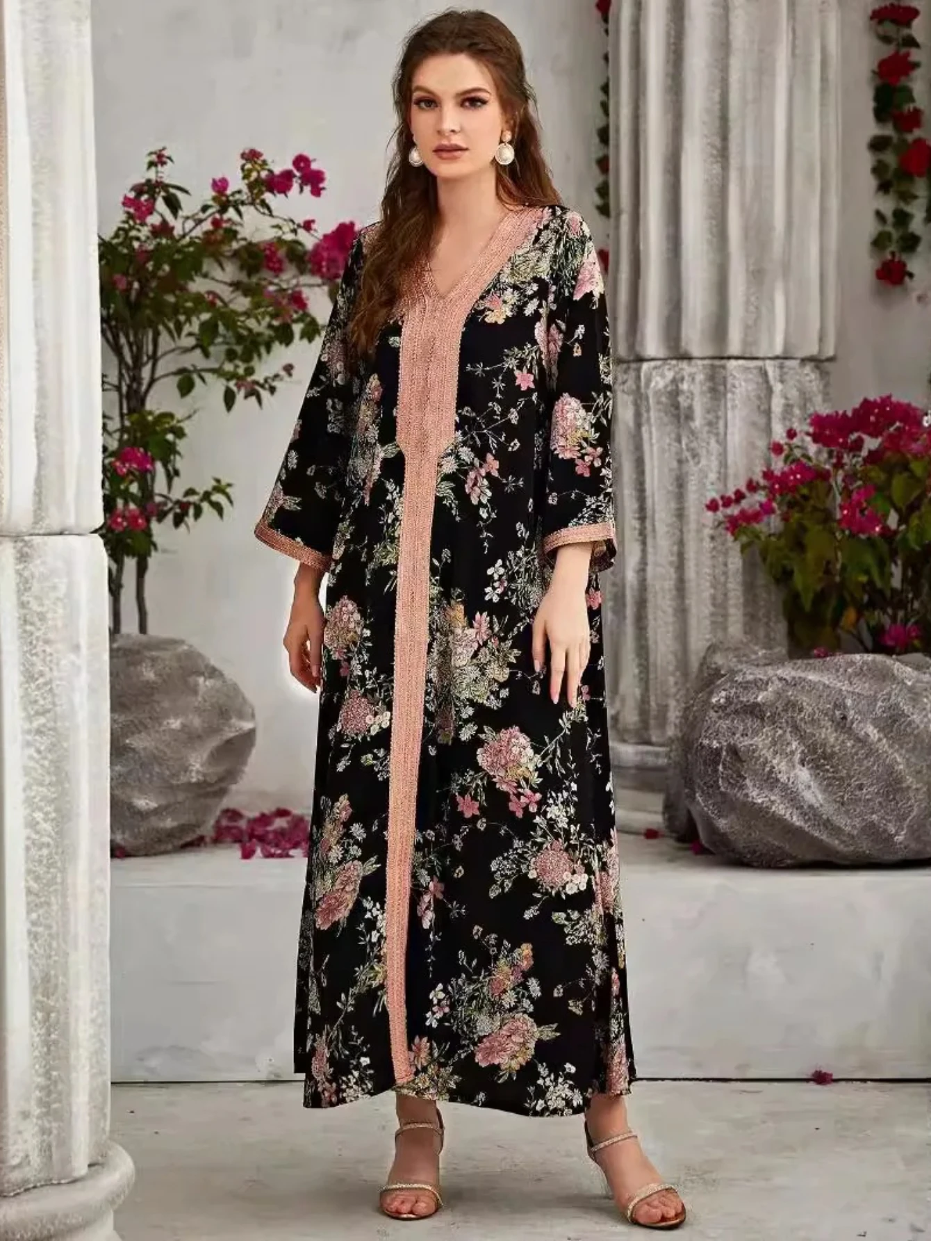 Abaya Blumendruck Muslimische Kleider Eid Frauen 2025, Dubai, Arabisch, lange Robe, Ramadan, Marokko, Kaftan, Partykleid, Vestidos Largos