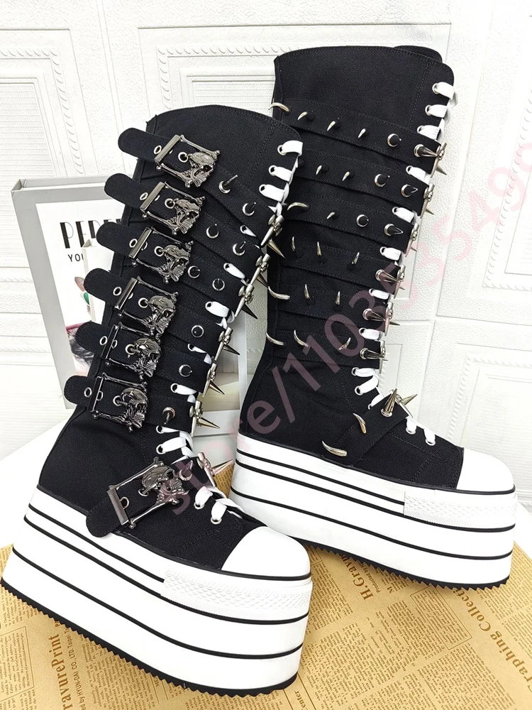 Chunky Punk Belt Buckle Rivet Canvas Boots 2025 Winter Round Toe Street Lace-Up Long Boot Fashion Women's Party Boots Stage Boot