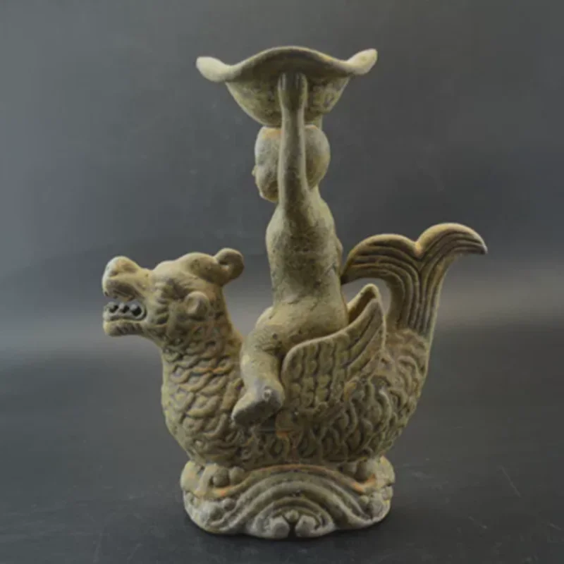 Vintage Yue Kiln Qilin Oil Lamp Base - Traditional Chinese Ceramic Mythical Beast Sculpture, Desktop Decor & Collectible